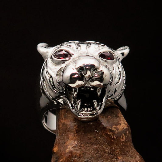 Excellent crafted Men's Tiger Ring red CZ Eyes - Sterling Silver-0