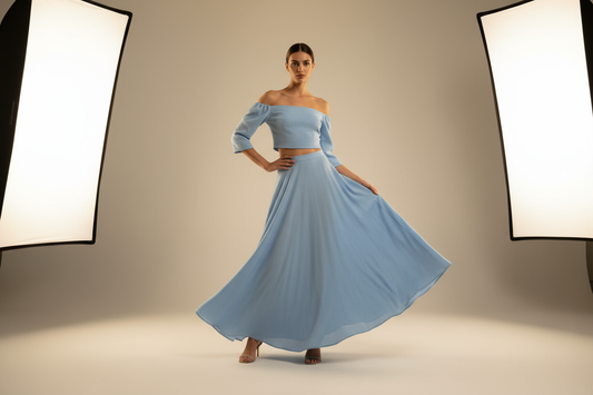 Baby Blue Long Skirt and Shoulder Top female model