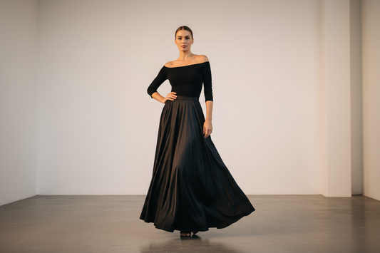 Black Long Skirt and Shoulder Top female model
