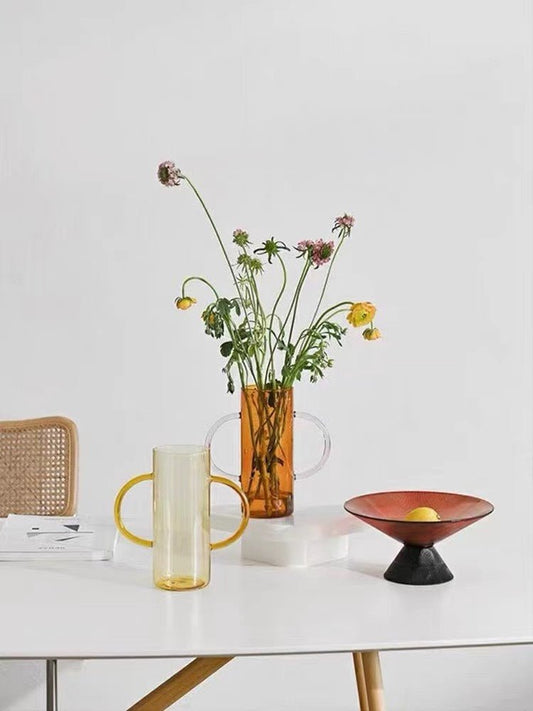 Dual-handle Dopamine Glass Flower Vase - Whimsical Table Setting Centerpiece