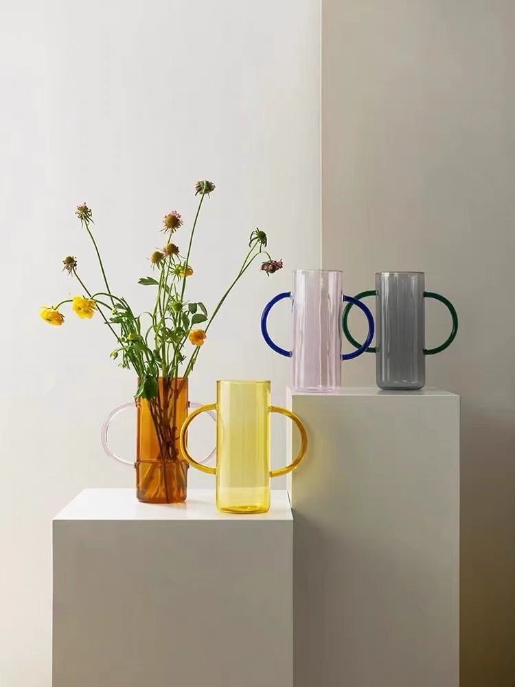 Dual-handle Dopamine Glass Flower Vase - Whimsical Table Setting Centerpiece