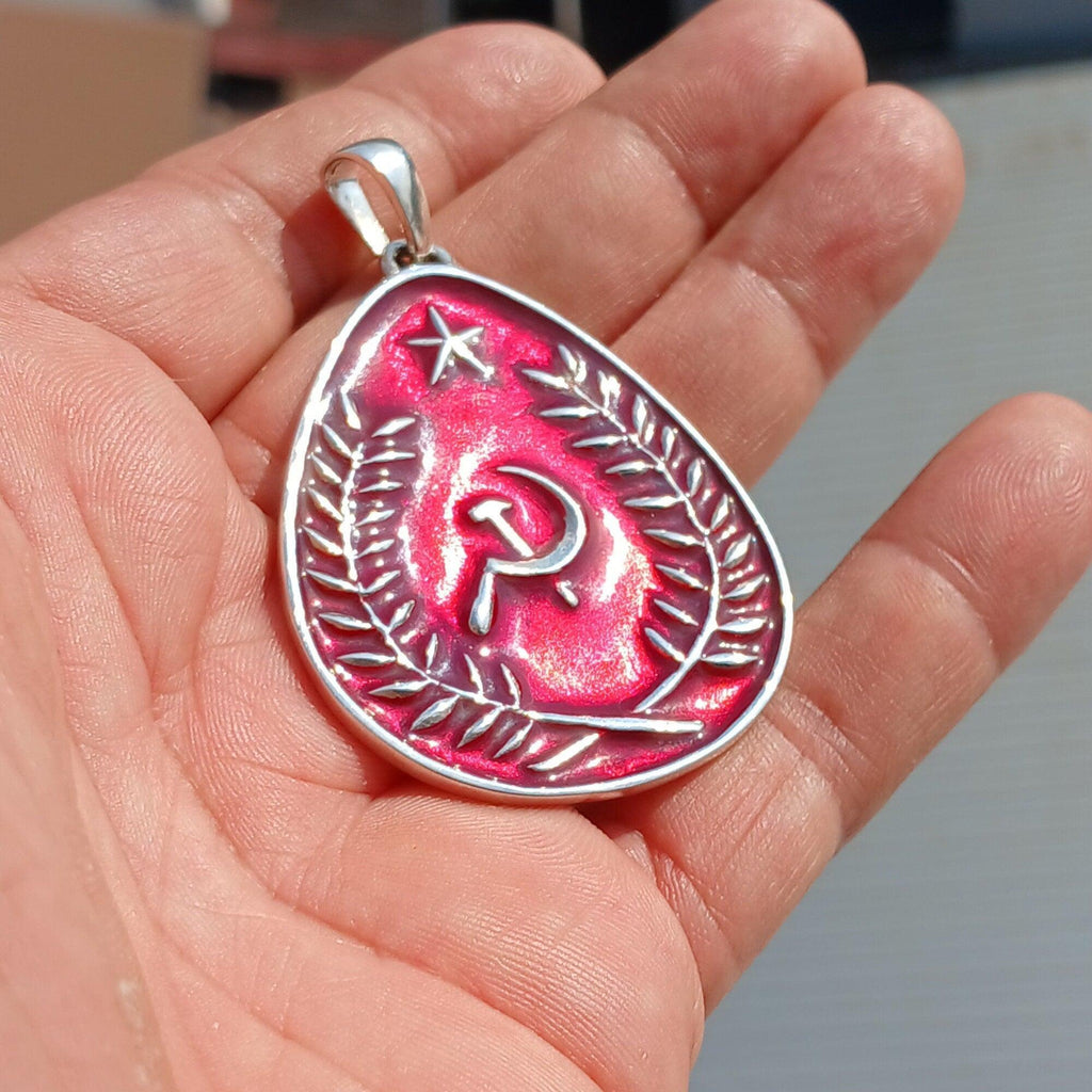 Communist Pendant, Communist Crest Pendant, Sterling Silver Amulet, Red Communist Pendant, Hammer and Sickle Necklace, Handmade Amulet, Gift-3