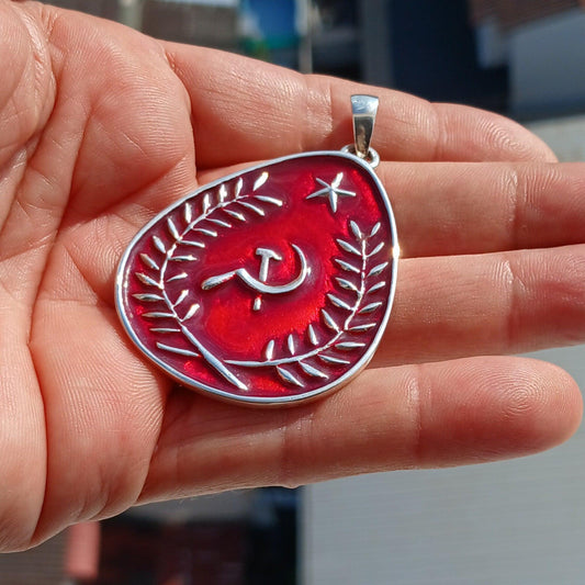 Communist Pendant, Communist Crest Pendant, Sterling Silver Amulet, Red Communist Pendant, Hammer and Sickle Necklace, Handmade Amulet, Gift-0