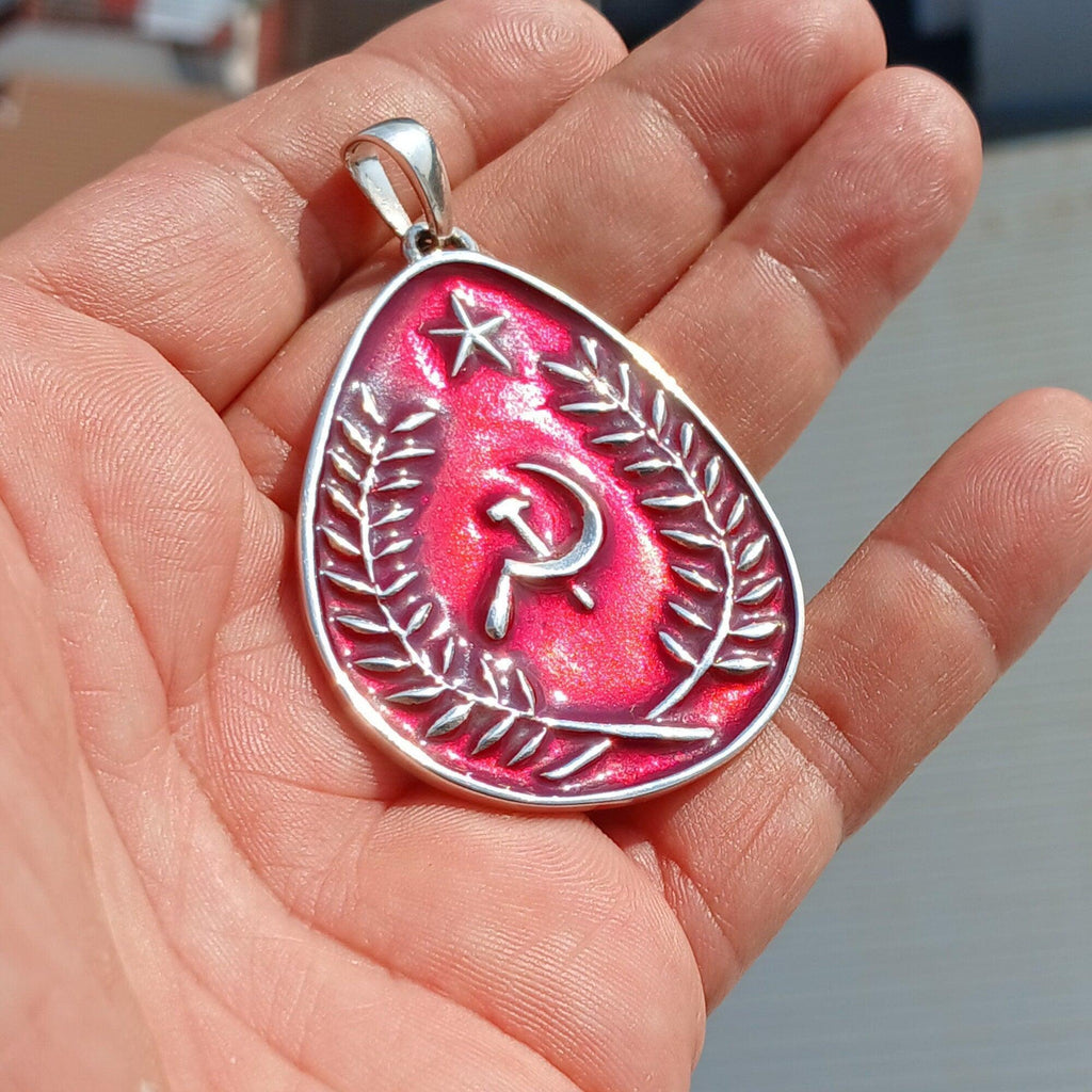 Communist Pendant, Communist Crest Pendant, Sterling Silver Amulet, Red Communist Pendant, Hammer and Sickle Necklace, Handmade Amulet, Gift-2