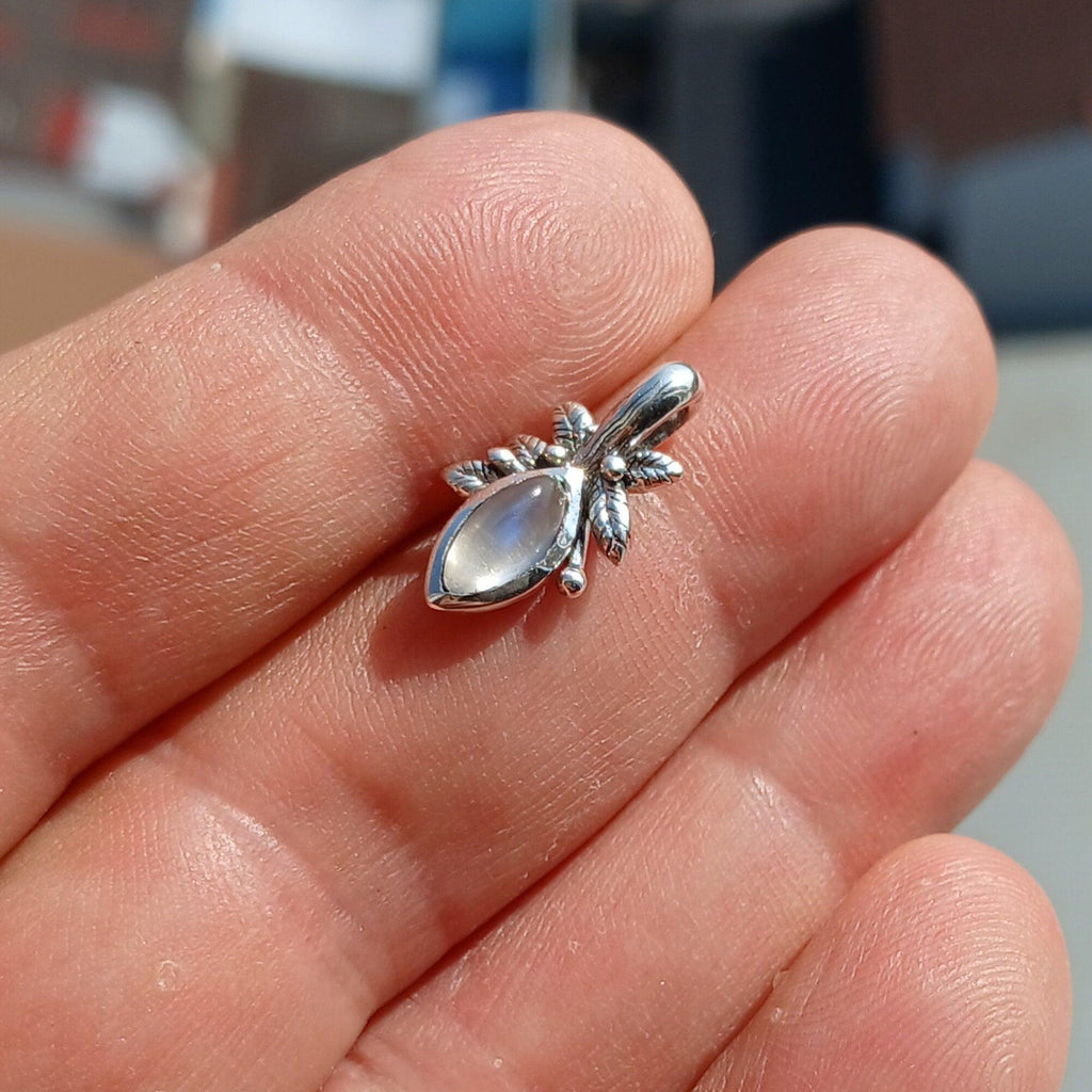 Moonstone Pendant, Flower Pendant, Sterling Silver Pendant, Moonstone Necklace, marquise shaped Ceylon Moonstone, gift for her, Leaf Pendant-2
