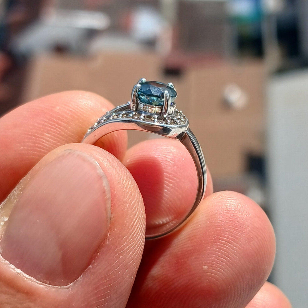 Natural Blue Zircon Ring, Gemstone Ring, Sterling Silver Ring, Solitaire Ring, Round Cut Blue Zircon and 21 CZ, gift for her - Size 5.5-3