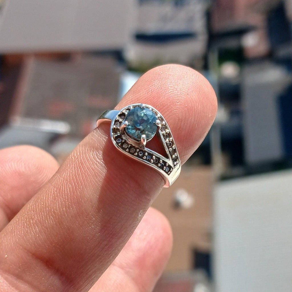 Natural Blue Zircon Ring, Gemstone Ring, Sterling Silver Ring, Solitaire Ring, Round Cut Blue Zircon and 21 CZ, gift for her - Size 5.5-2