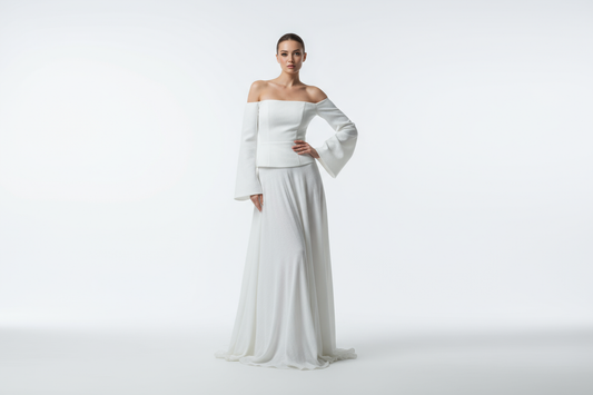 White Long Skirt and Shoulder Top female model