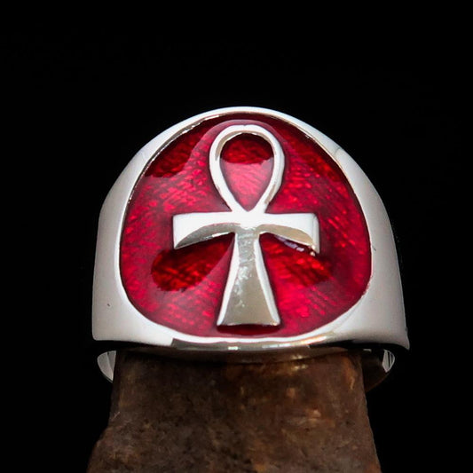 Excellent crafted Men's big red Egyptian Ankh Cross Ring - Sterling Silver-0