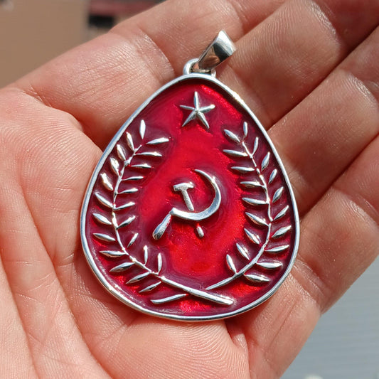 Communist Pendant, Communist Crest Pendant, Sterling Silver Amulet, Red Communist Pendant, Hammer and Sickle Necklace, Handmade Amulet, Gift-0