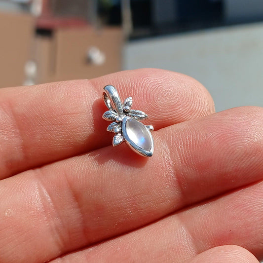Moonstone Pendant, Flower Pendant, Sterling Silver Pendant, Moonstone Necklace, marquise shaped Ceylon Moonstone, gift for her, Leaf Pendant-0