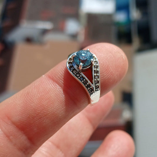 Natural Blue Zircon Ring, Gemstone Ring, Sterling Silver Ring, Solitaire Ring, Round Cut Blue Zircon and 21 CZ, gift for her - Size 5.5-0