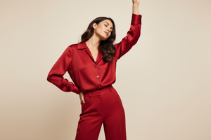 Red 3 Button Top female model