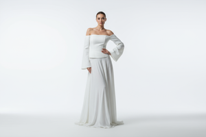 White Long Skirt and Shoulder Top female model