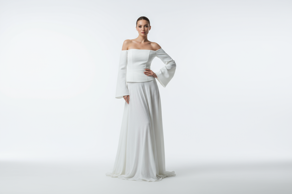 White Long Skirt and Shoulder Top female model